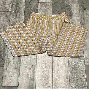 Vtg 90s Stripe Beige Blue khaki Multicolored Linen Wide Leg Crop 23” Pant 4 S